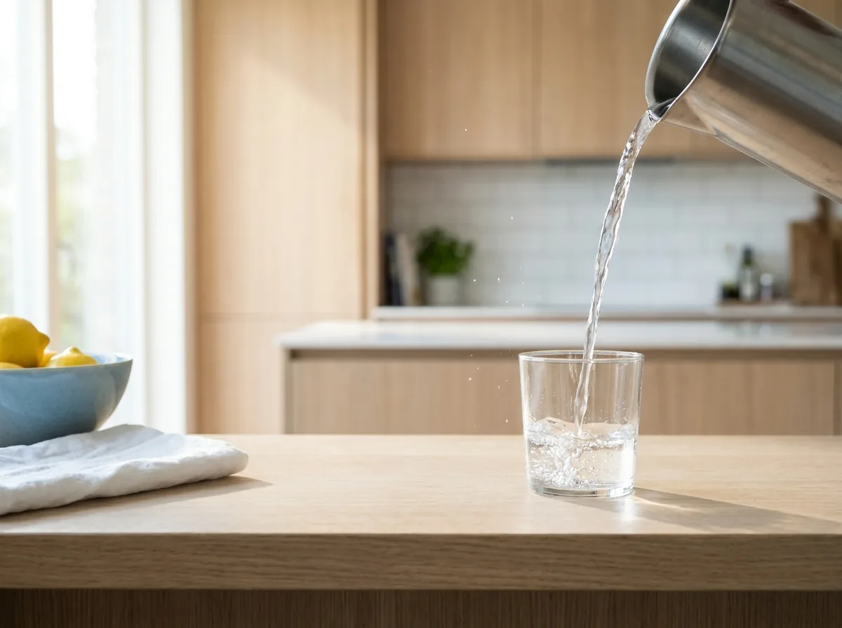 A glass being filled with clean purified water in a bright kitchen